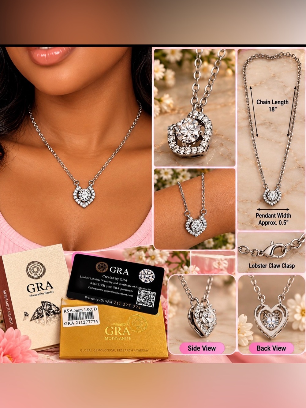 Moissanite 1ct - Heart Pendant Necklace in Silver with Clear Crystals